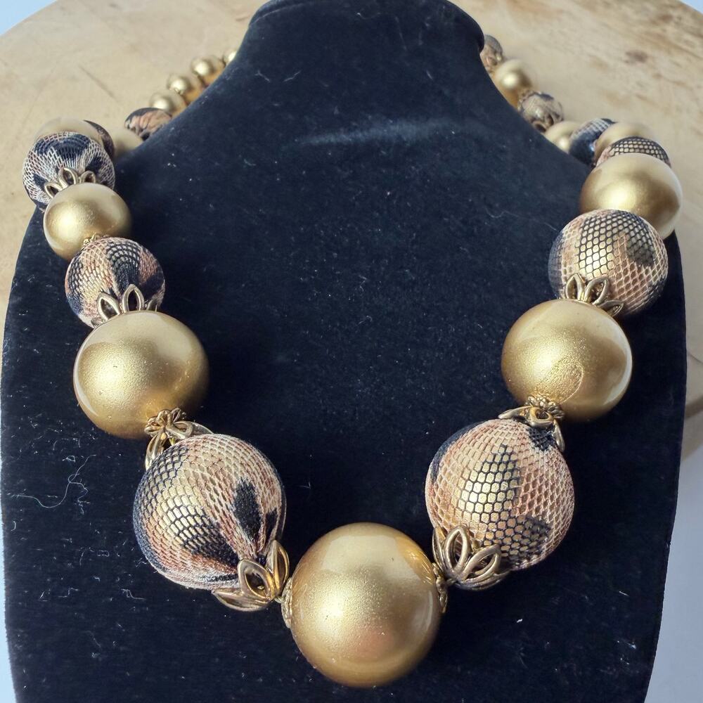 Vtg 80s Chunky Matte Gold Ball Snakeskin Bead Statement Necklace Toggle 25in